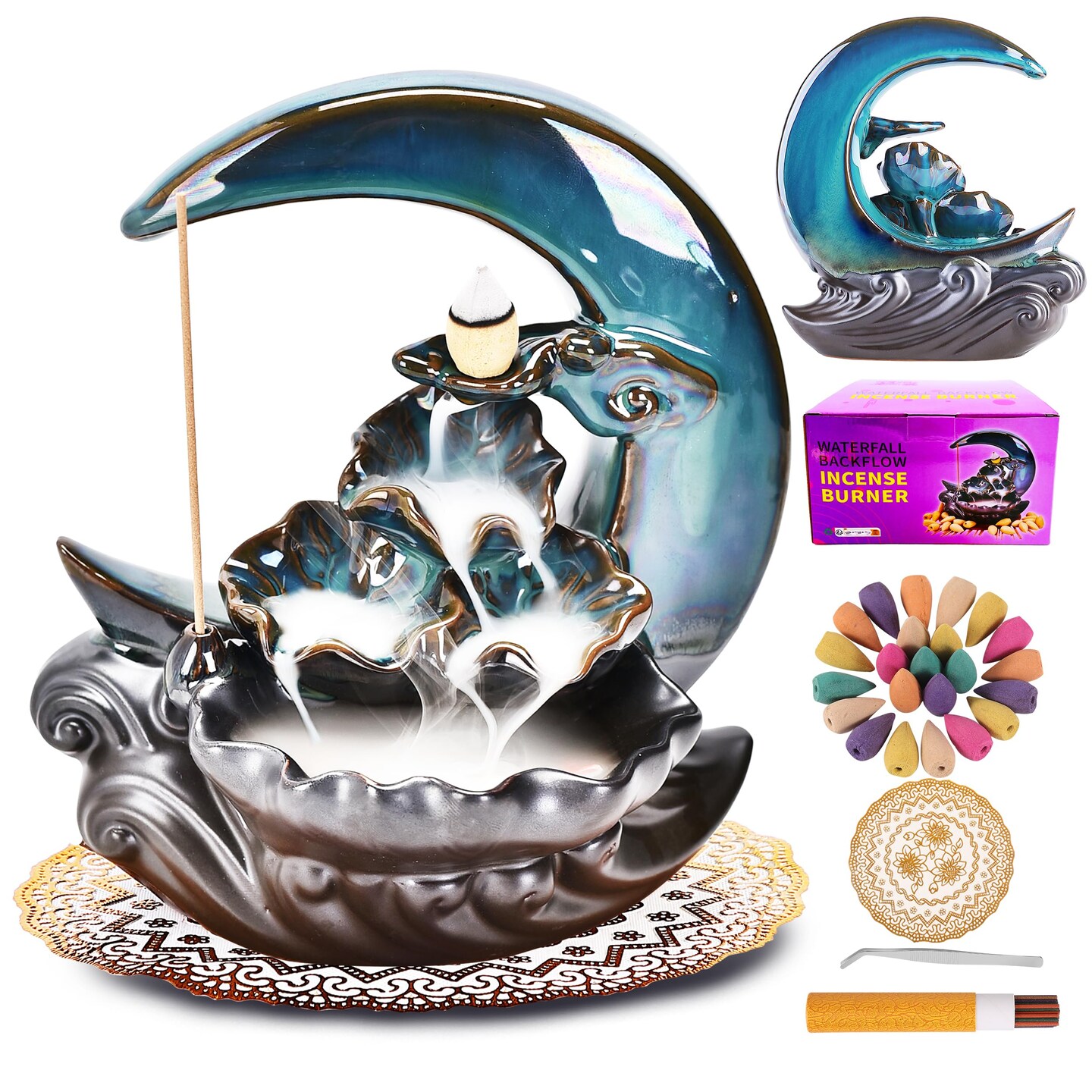 Zvaiuk New Moon Backflow Incense Holder, Ceramic Hand-Made Incense Fountain Burner with 100 Backflow Incense Cones&#xFF0C;Fragrance Incense Stick&#xFF0C;mat&#xFF0C;Aromatherapy Home Decoration