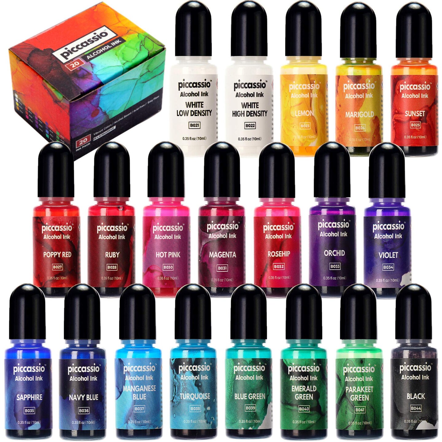 Piccassio Alcohol Ink Set - 20 Vibrant Alcohol Inks - Acid-Free,Fast-Drying and Permanent Inks-Versatile Alcohol Ink for Epoxy Resin, Fluid Art Painting,Tumblers,Ceramic,Glass,Metal and more - 20x10ml