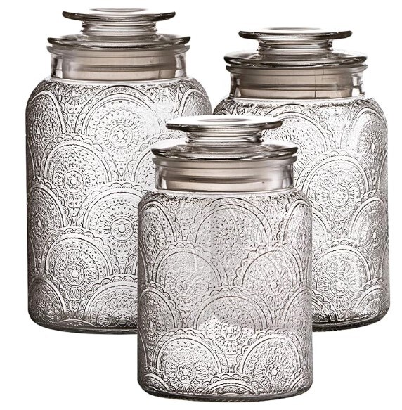 Canister Set 3-Piece Glass Jars with Airtight Lids in 34oz, 44oz, and 54oz Retro Designs for Cookies, Candy, Coffee, Flour, Sugar, Rice, Pasta, Cereal, and More