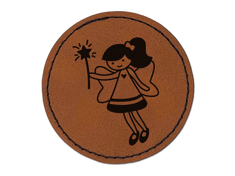 Sweet Fairy with Wand Round Iron-On Engraved Faux Leather Patch Applique - 2.5&#x22;