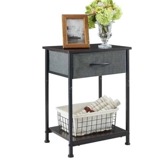 Nightstand, End Table for Bedroom Nursery Living Room - Removable Fabric Drawer, Open Storage Shelf, Sturdy Steel Frame, Durable Wood Top - Charcoal Grey/Dark Walnut