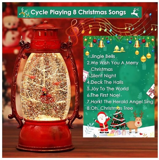 Cardinal Christmas Snow Globes, Swirling Glitter Hanging Snow Globe for Gift and Home Decor, 6H Timer Lighted Christmas Lantern with Music