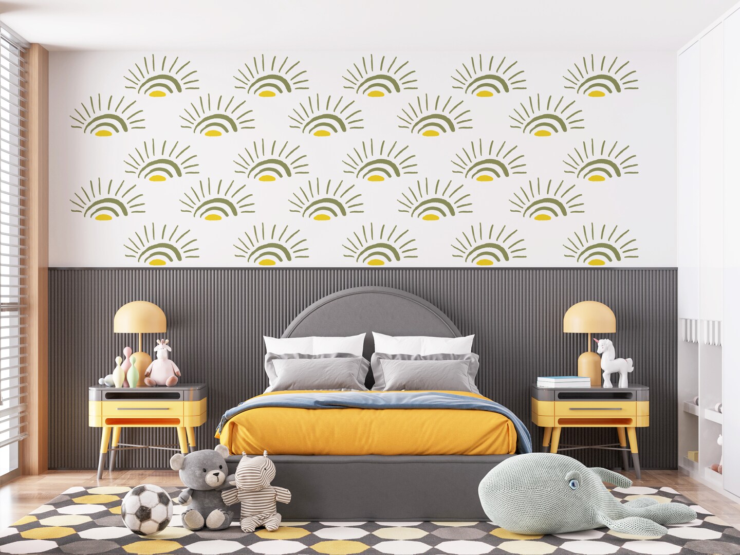 Modern Boho Sunrise Wall Decal, Sun Decals, Mid Century Playroom Wall
