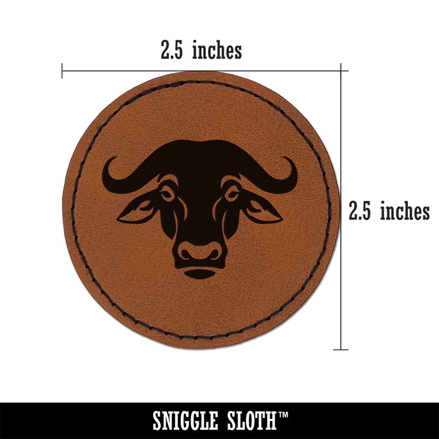 Water Cape Buffalo Bison Ox Round Iron-On Engraved Faux Leather Patch Applique - 2.5&#x22;