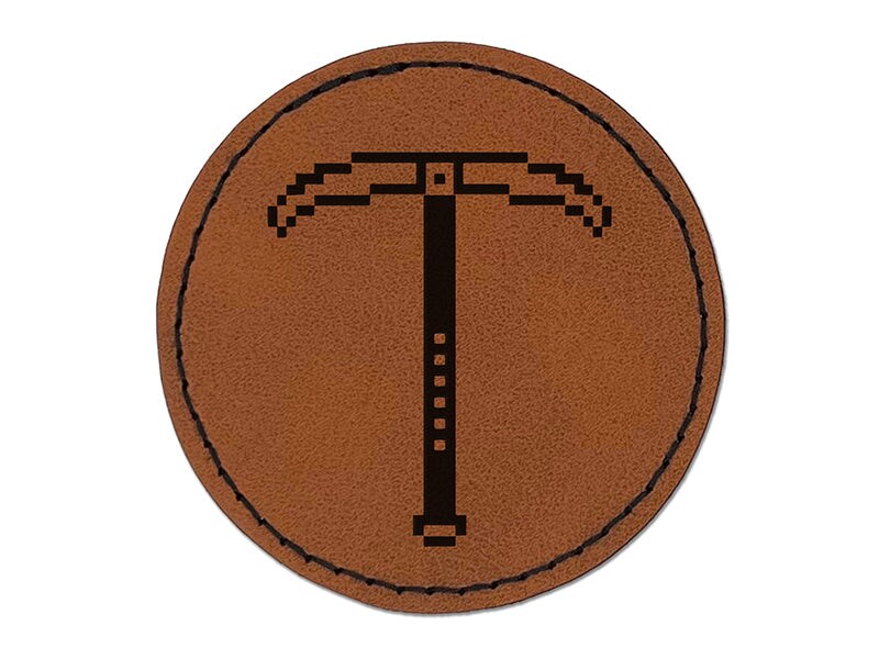 Pixel Miner Pickaxe RPG Video Games Round Iron-On Engraved Faux Leather Patch Applique - 2.5&#x22;