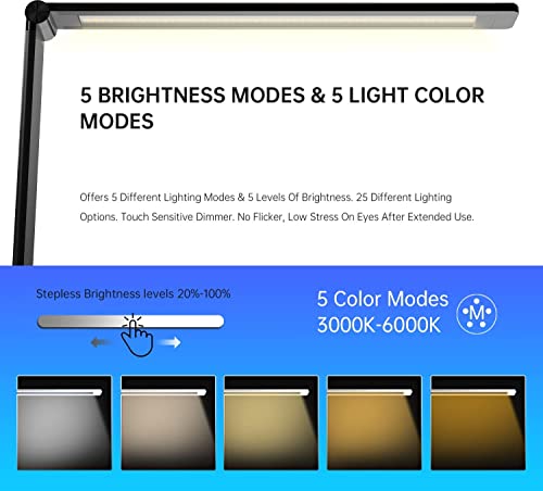 LED Desk Lamp with USB Charging Port, Dimmable Eye-Caring Reading Desk Light for Home, with 5 Brightness Level &#x26; 3 Lighting Modes, Touch Control, Auto Timer (Black)