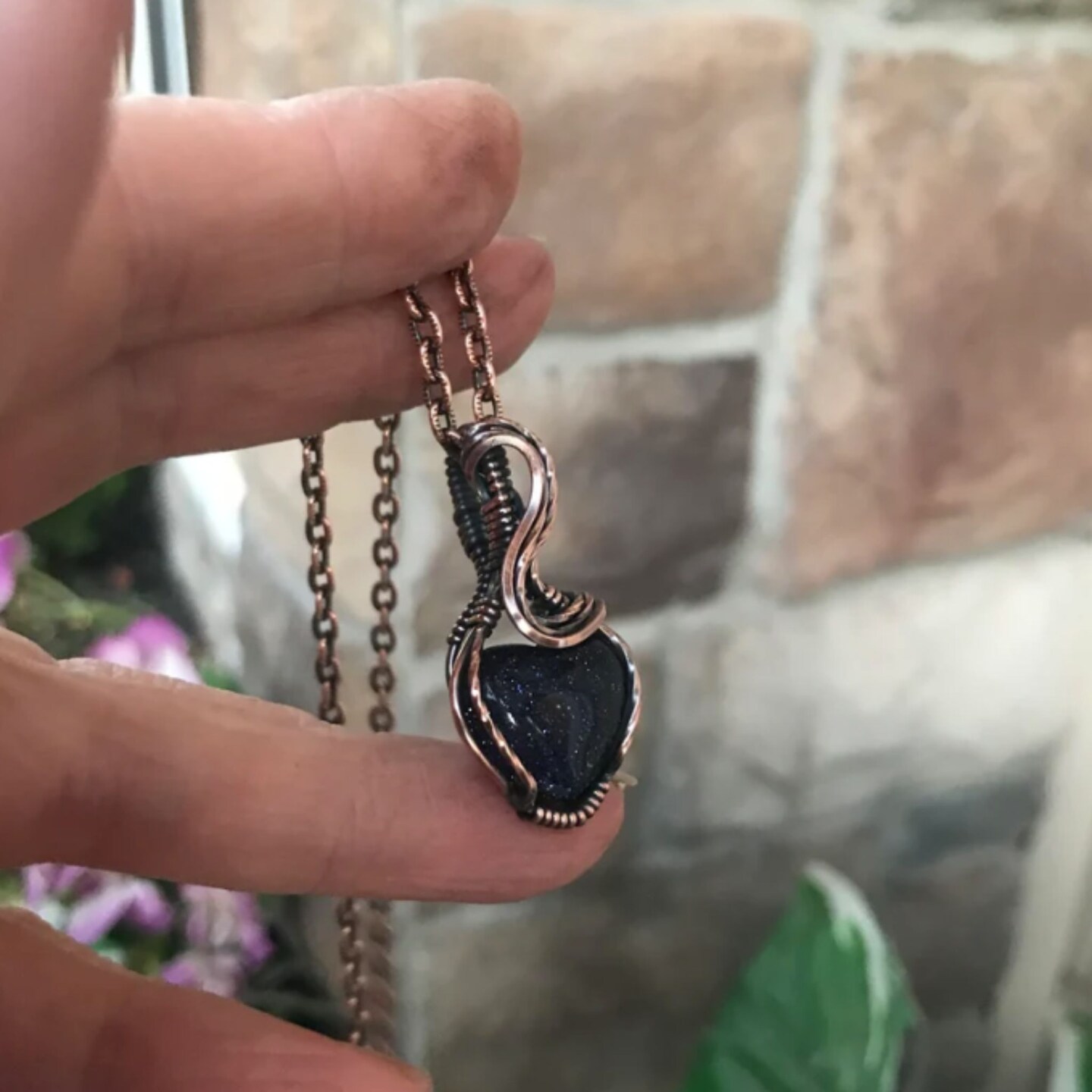 Goldstone Mini Heart Shaped Copper Wire Wrapped Pendant Necklace