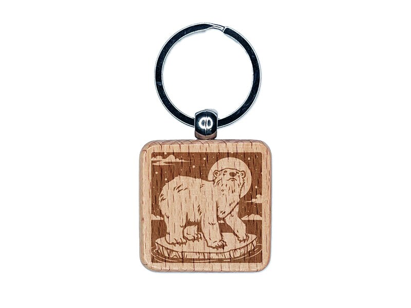 Polar Bear Chilling on Iceberg Engraved Wood Square Keychain Tag Charm