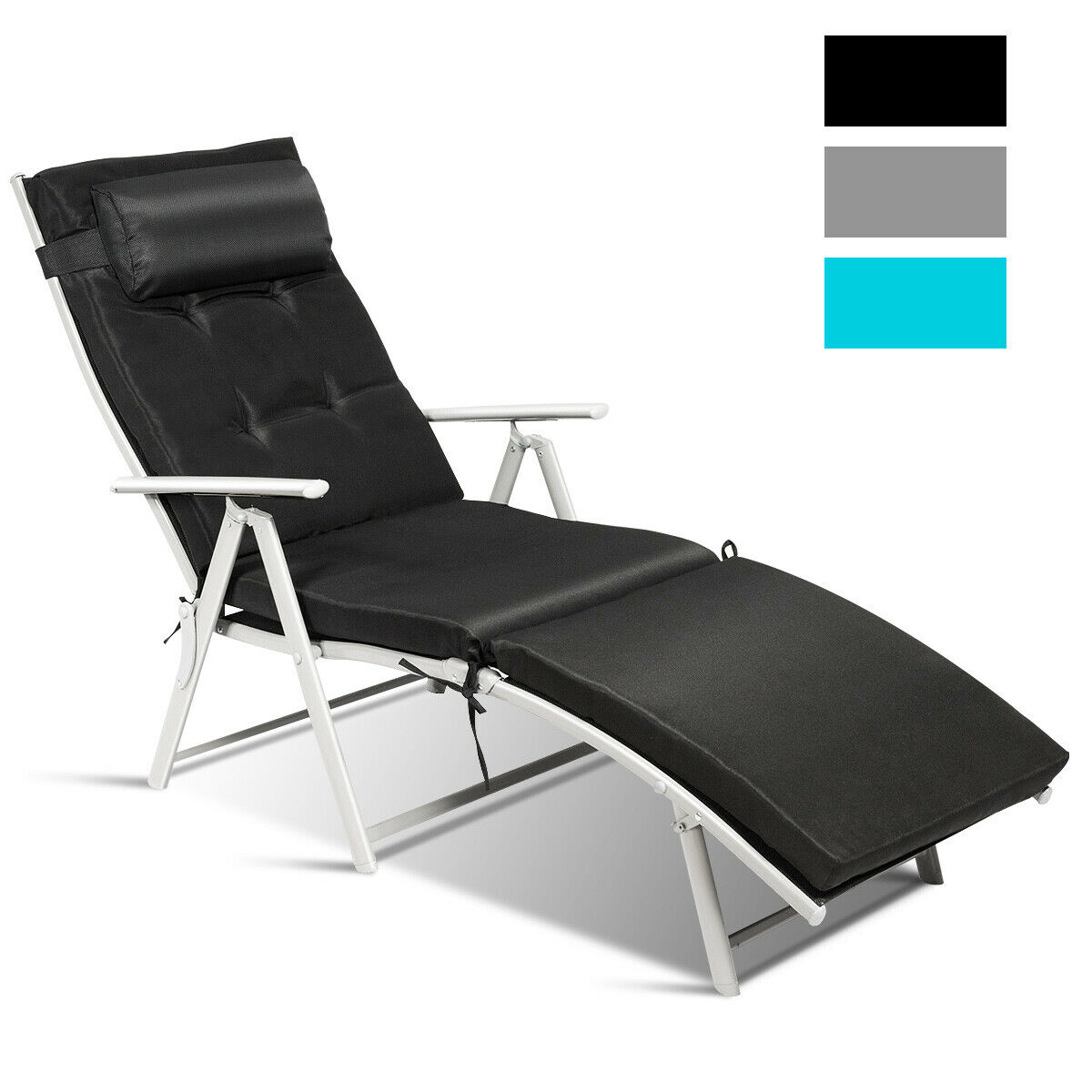 Costway Folding Chaise Lounge Chair w/Cushion Black\Gray\Turquoise