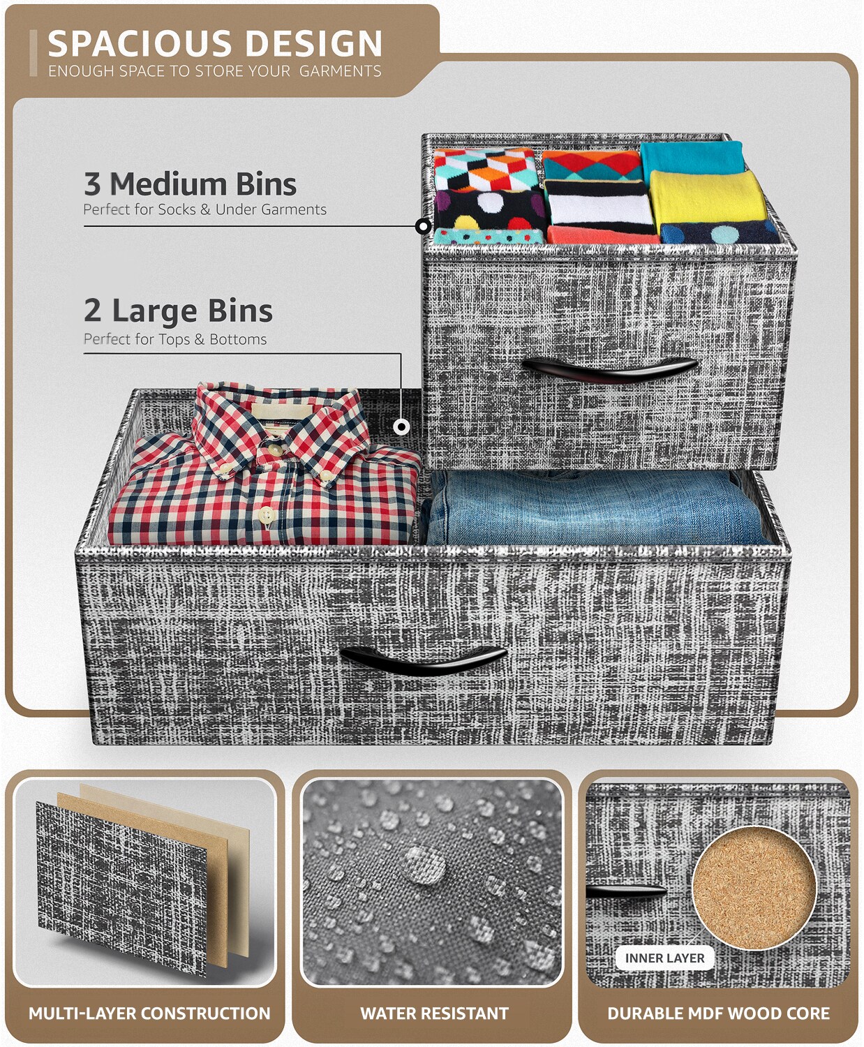 Sorbus Dresser with 5 Drawers - Storage Chest Organizer Unit with Steel Frame, Wood Top, Easy Pull Fabric Bins - Long Wide TV Stand for Bedroom Furniture, Hallway, Closet & Office Organization