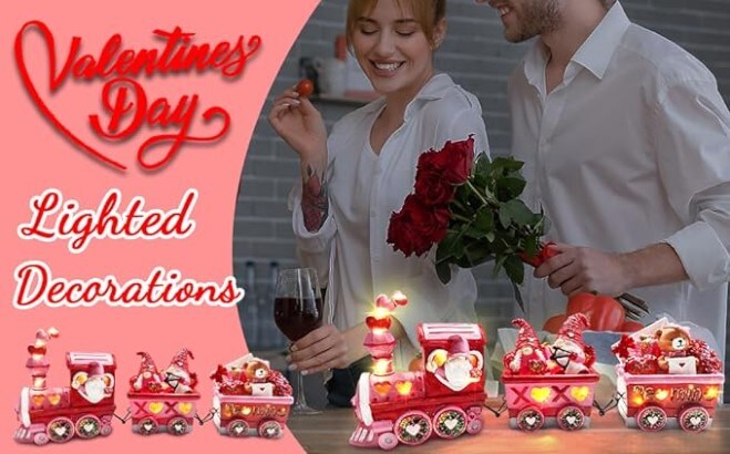 Valentines Day Decorations for Home Indoor, LED Valentines Gnome Train Decor for Tabletop Figurines, Valentines Day Centerpieces Decorations Outdoor Party Home Light Up Decorations Table Top Pink