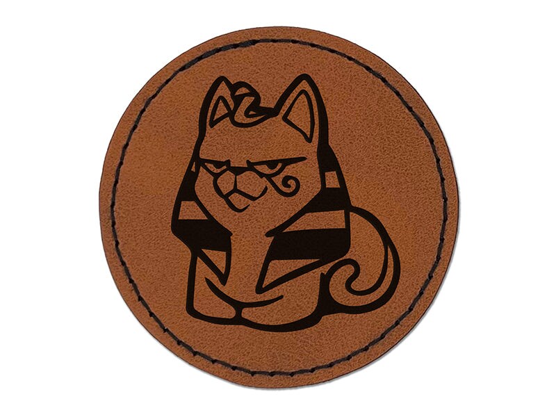 Egyptian Sphinx Cat Loaf Round Iron-On Engraved Faux Leather Patch Applique - 2.5&#x22;