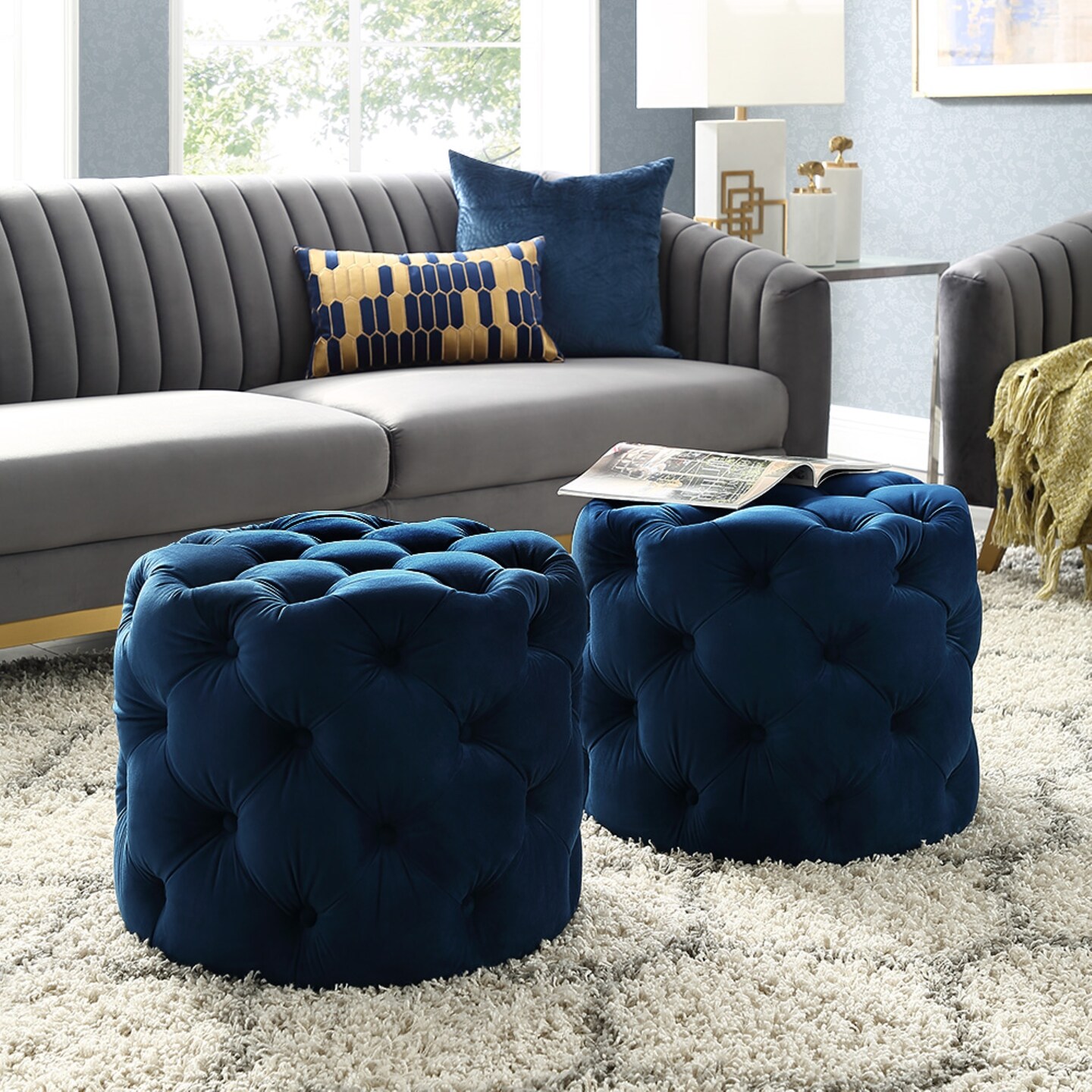 Marianna Linen/Velvet Tufted Allover Upholstered Round Ottoman, 1 Piece