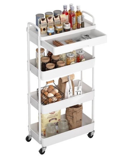 White 4-Tier Rolling Cart with Drawer, Kitchen Storage Organizer with Plastic Shelf and Metal Wheels, Suitable for Living Room, Kitchen, Office, and Bathroom.