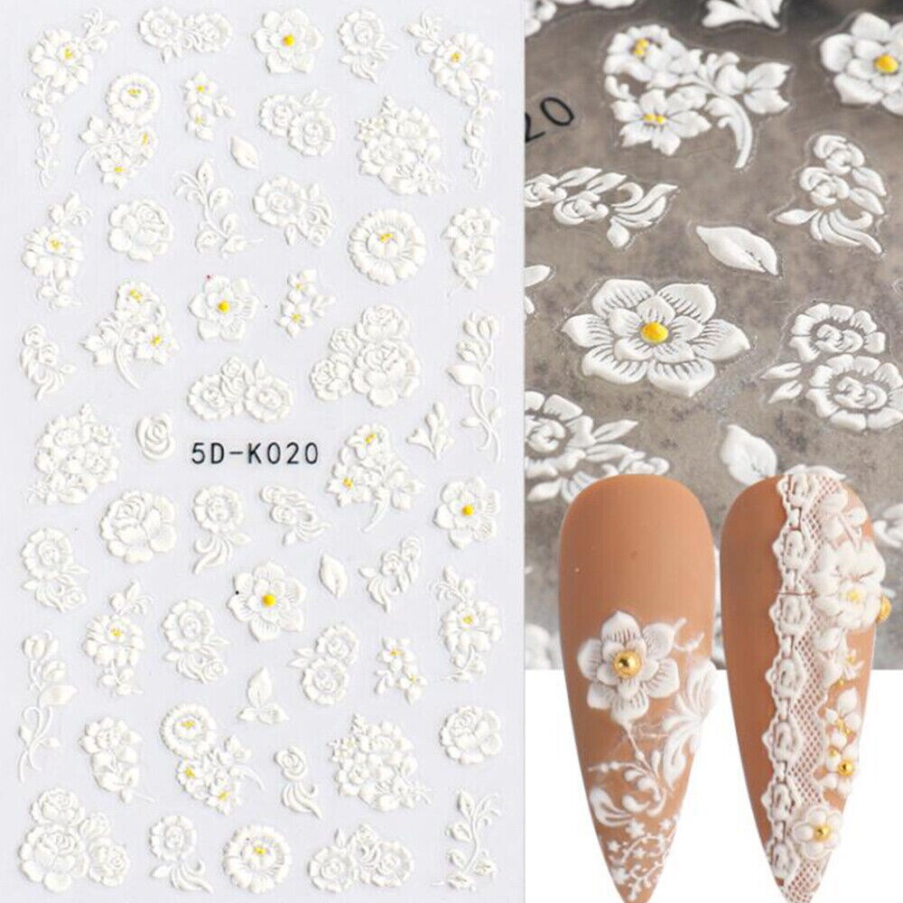 Kitcheniva 5D Pure White Flowers Wedding Nail Stickers