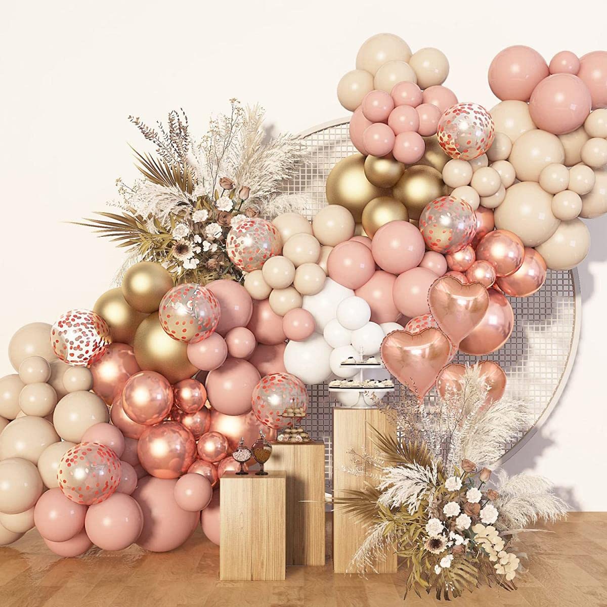 144 Pieces Boho Blush Balloon Garland Kit,Retro Pink Balloons with Pastel Orange Sand White and Metallic Gold Latex Balloons for Girl Women Baby Shower Bridal Shower Wedding Birthday Party Decorations…