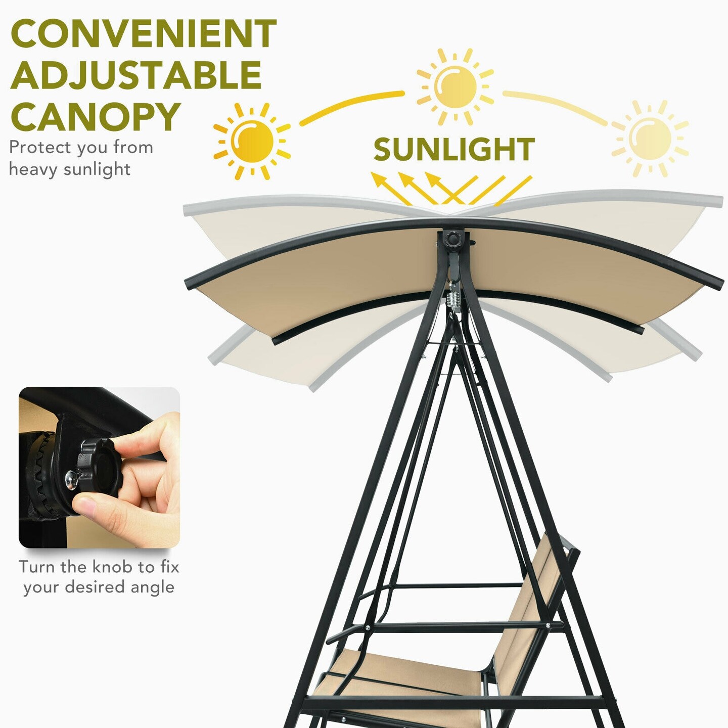 Outdoor Porch Steel Hanging 2-Seat Swing Loveseat with Canopy