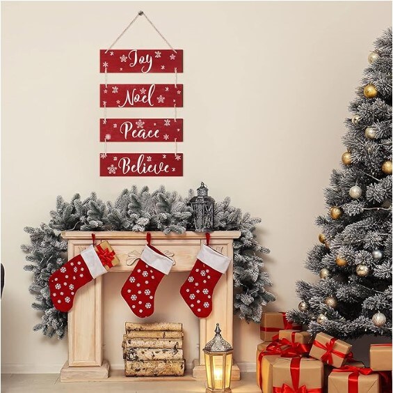 4 Handmade Rustic Christmas Decorations Christmas Vintage Joy Noel Peace Believe Signs Ornaments Wooden Wall Decor Snowflakes Wooden Hanging Plaque (Red, Snowflake) for Living Room Bedroom