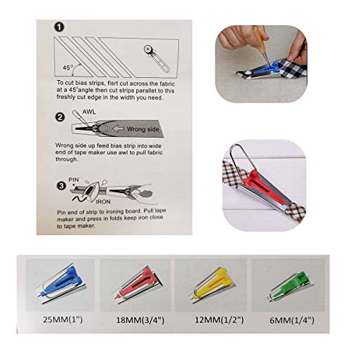 Bias Tape Maker Kits All 5 Sizes 6MM 9MM 12MM 18MM 25MM Binding Foot Craft Clips Awl Quilter&#x27;s Pin