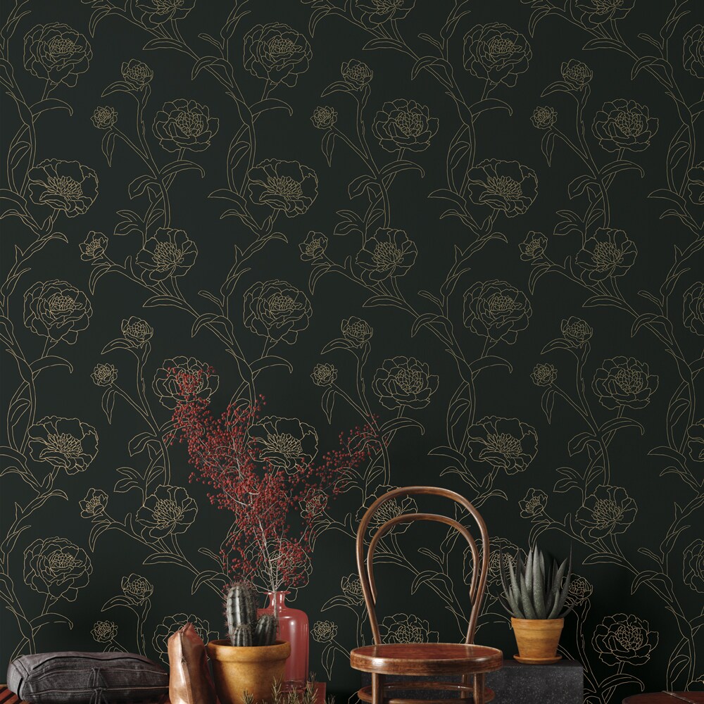 Tempaper &#x26; Co. Peonies Peel and Stick Wallpaper, Black and Gold Floral, 56 sq. ft.
