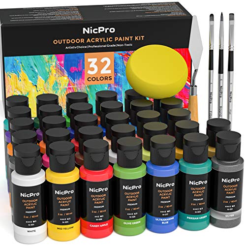Nicpro 32 Colors Outdoor Acrylic Paint Bulk with Brush and Sponge, Knife, Non-Toxic  Paint for Multi-surface Rock, Wood, Fabric, Leather, Crafts, Canvas, Shoes  and Wall Painting