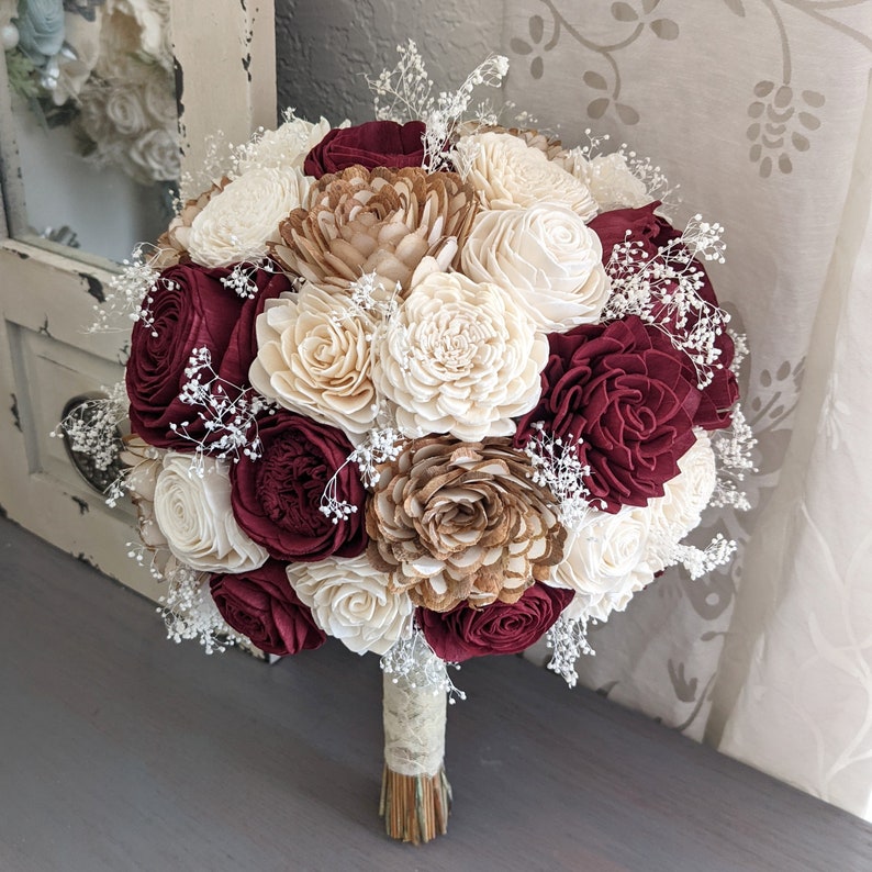 Burgundy, Natural, and Ivory Sola Wood Flower Bouquet with Baby's