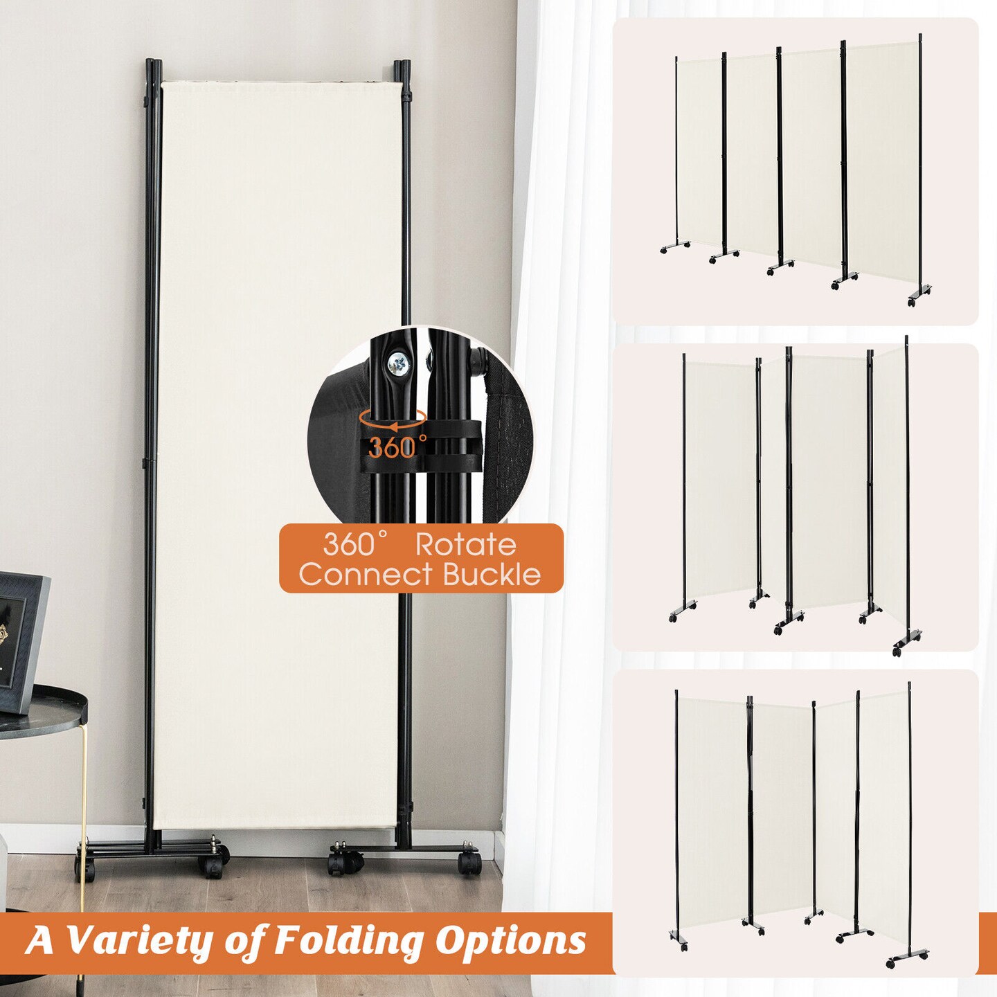 4-Panel Folding Room Divider 6 Feet Rolling Privacy Screen with Lockable Wheels
