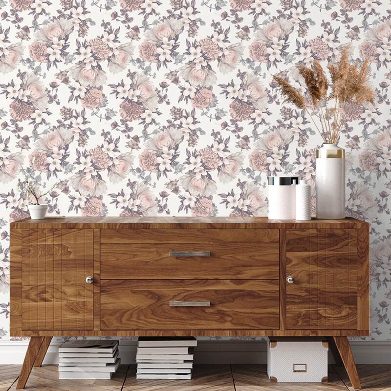 Tempaper Botanical Peel and Stick Wallpaper Pink/Grey Blossom