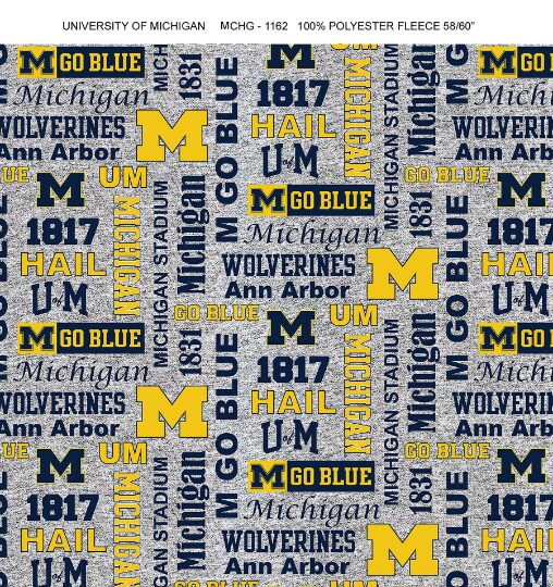 Sykel Enterprises-University of Michigan Fleece Fabric-Michigan Wolverines Heather Verbiage Fleece Blanket Fabric-Sold by the yard