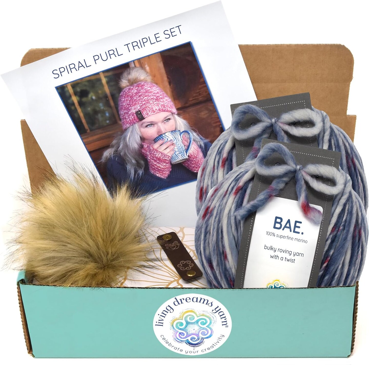 DIY Winter Accessories Triple Set Knit Kit. Includes Bulky Superfine Merino Wool Yarn, Printed Pattern, Pom-Pom, Rim Tag. Soft, Cozy, Great for Gifts