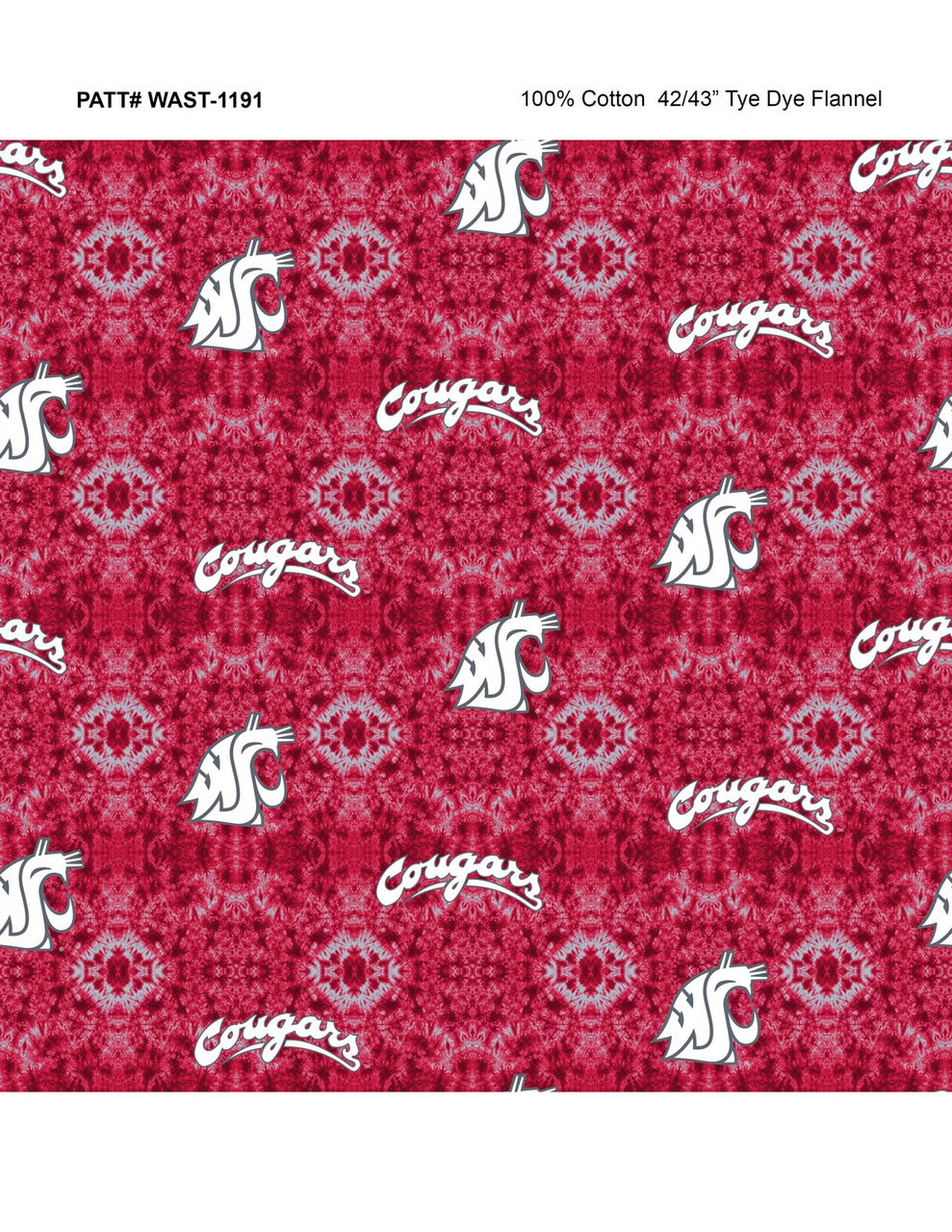 Sykel Enterprises-Washington State University Flannel Fabric-Washington State WSU Cougars Tie Dye Cotton Flannel Fabric
