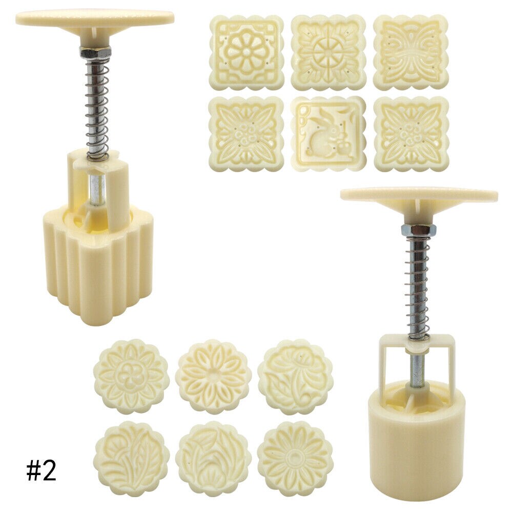Accfore 2 Pack Mooncake Mold Press with 10 Stamps,Round Flower and Square  Flower Decoration Tools
