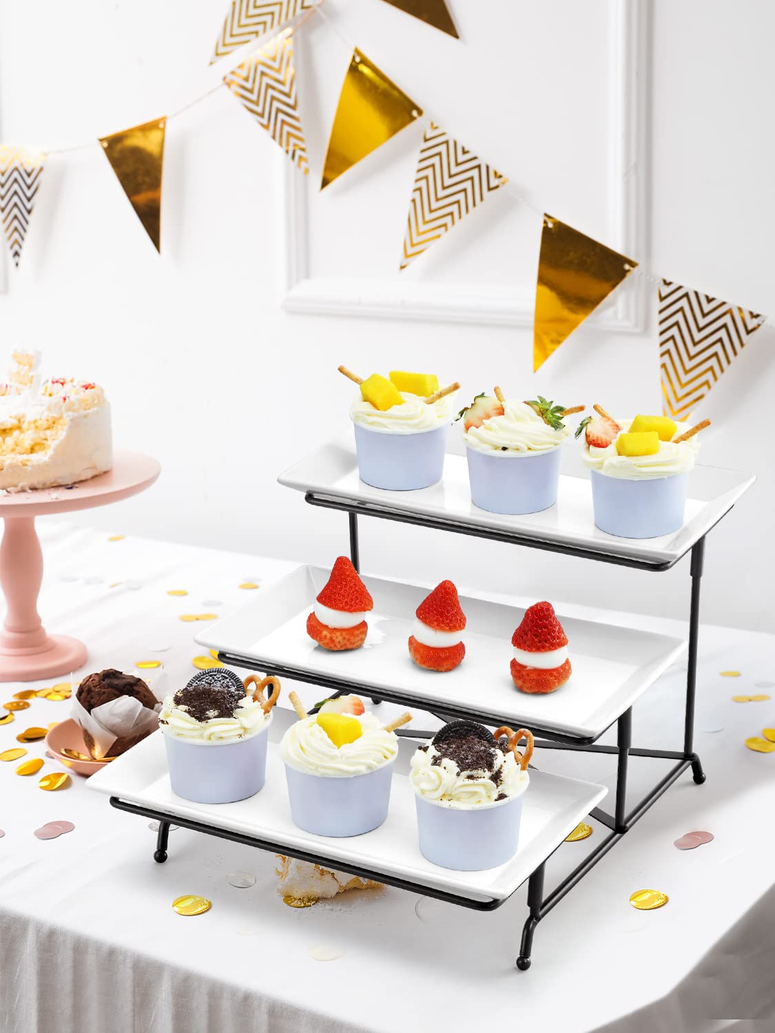 3 Tier Serving Tray Set Porcelain Tiered Serving Trays Platters, Collapsible Sturdier Stand with Stable Cross Bars, for Party Entertaining Food Display Fruit Dessert, 12 Inch