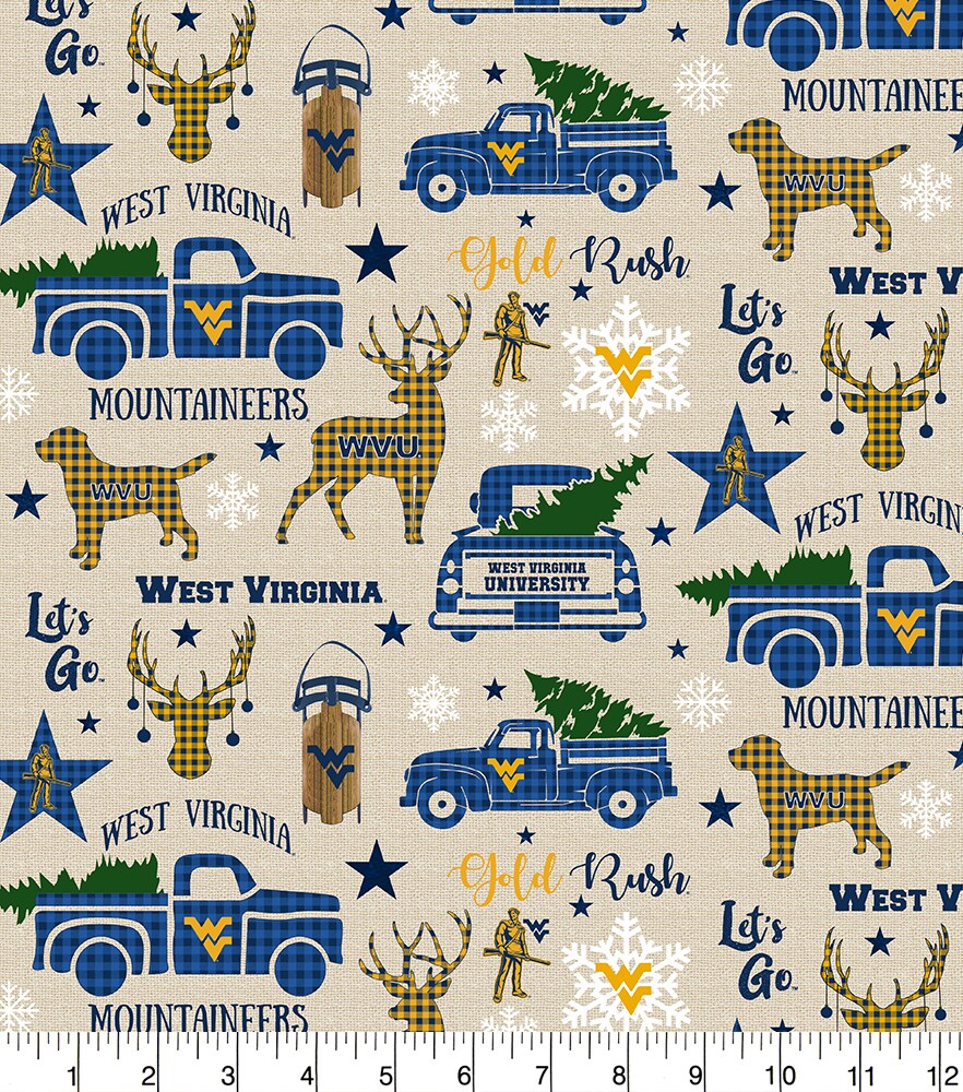 Sykel Enterprises-West Virginia University Cotton Fabric-West Virginia Mountaineers Christmas Cotton Quilting Fabric