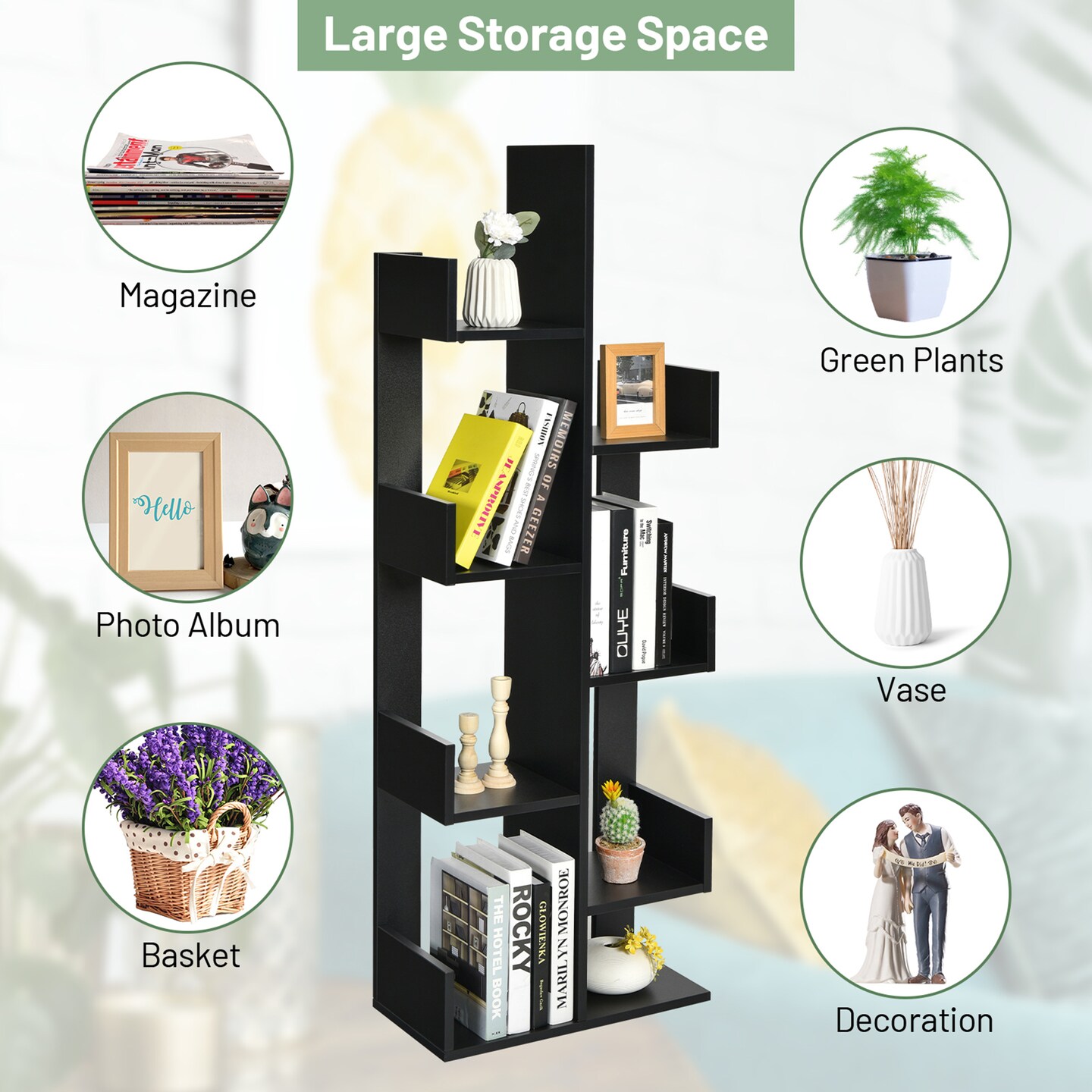 Costway 8-Shelf Bookcase Modern Tree Bookshelf Storage Decor Freestanding White/Black