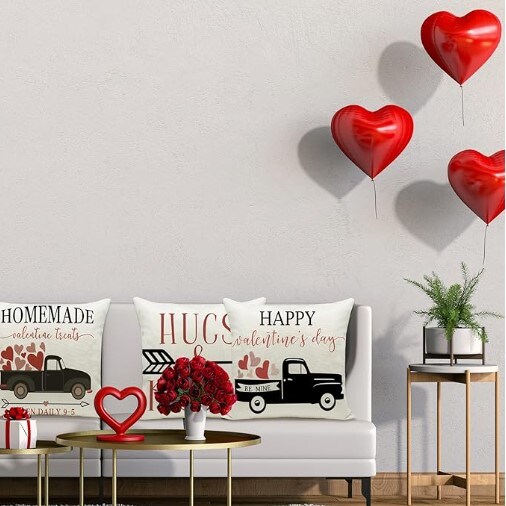 Set of 4 Valentine's Day Pillow Covers 20 x 20 Inches - Red Heart Truck Decor and Love Arrow Decor Throw Pillow Covers for Sofa Couch Cushion Cover