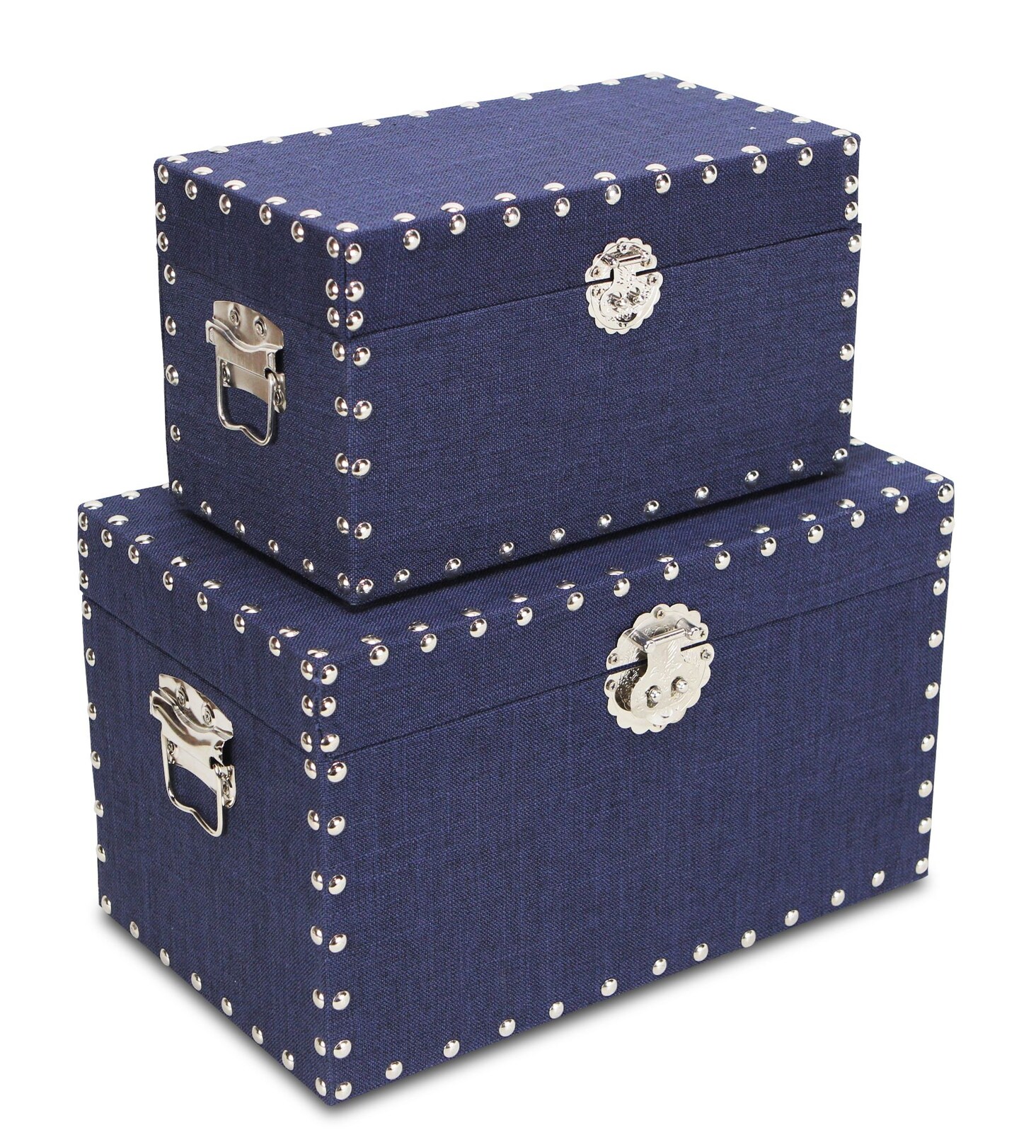 Contemporary Home Living Set of 2 Blue and Silver Rectangular Studded Boxes 13.5"