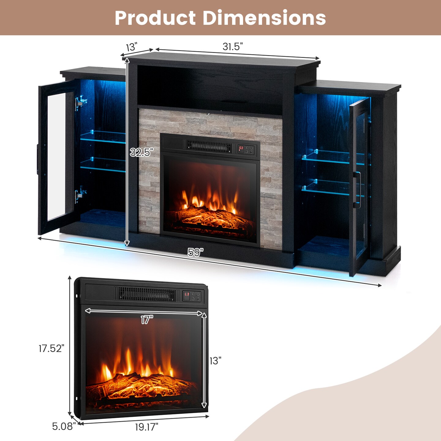 Fireplace&#xA0;Entertainment Center Stand with 16-Color LED Lights for TVs