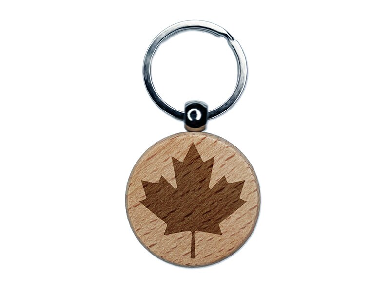 Canada Maple Leaf Engraved Wood Round Keychain Tag Charm