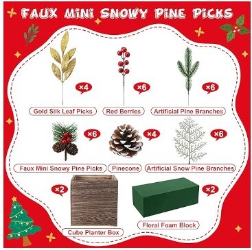 2 Packs Christmas Floral Arrangement Centrepieces Table Assorted Flower Arrangements with Pinecones Red Berries for Farmhouse Rustic Christmas Table Mantel Decoration