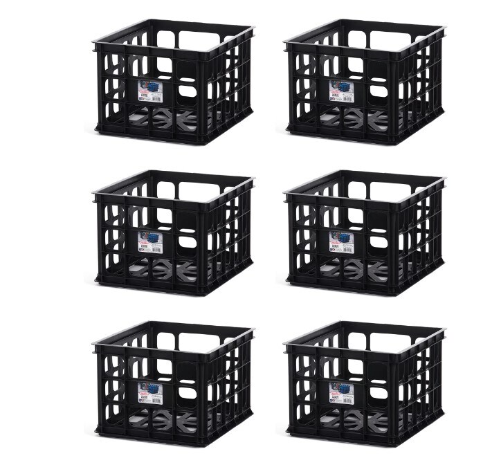 Heavy Duty Plastic Black Storage Box Milk Crate (6-Pack)