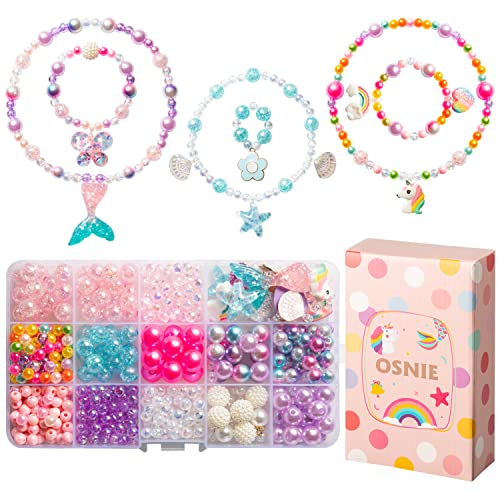OSNIE Kids DIY Bead Jewelry Making Kit with 400+ Beads &#x26; Charms for Creative Bracelets Necklaces Rings, Children Mermaid Starfish Shell Princess Necklace Bracelets Making Art Craft Bead Kit for Girls