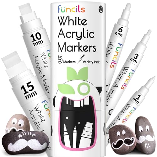 Funcils 5 Acrylic White Paint Pens - Fine & Jumbo Size Ink Pens (1mm, 3mm,  6mm, 10mm, 15mm) - Permanent White Marker Ink for Rock Painting, Fabric,  Tire, Metal, Wood, Canvas, Glass