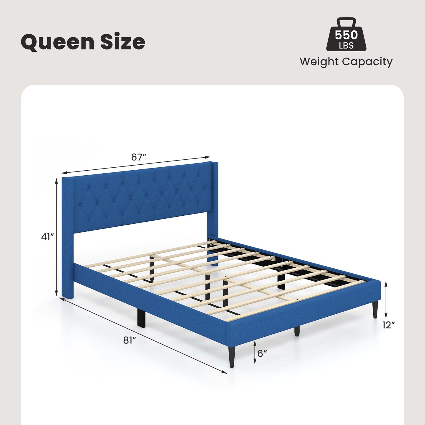 Costway Queen Size Upholstered Platform Bed with Button Tufted Wingback Headboard Blue/Grey