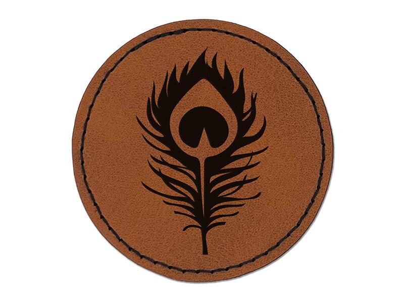 Elegant Peacock Feather Round Iron-On Engraved Faux Leather Patch Applique - 2.5&#x22;