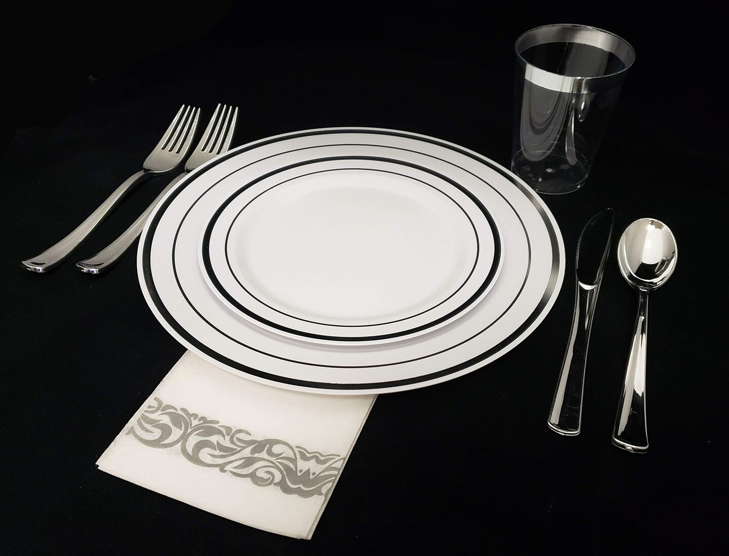60 Silver Plastic Plates Disposable Heavy Duty Premium Plastic Plates, 30 Plastic Dinner Plates + 30 Dessert Appetizer Plates for Weddings, Fancy Disposable Plates for Party White Plastic Plates