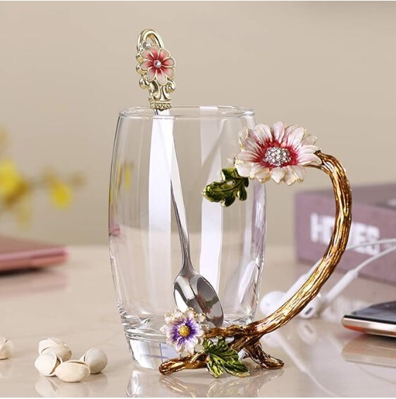Enamel Sunflower Crystal Lead-Free Glass Tea Cup with Spoon Set, Christmas and Valentine&#x27;s Day Gift.The ideal gift for a mother, grandmother, girlfriend, or sister.