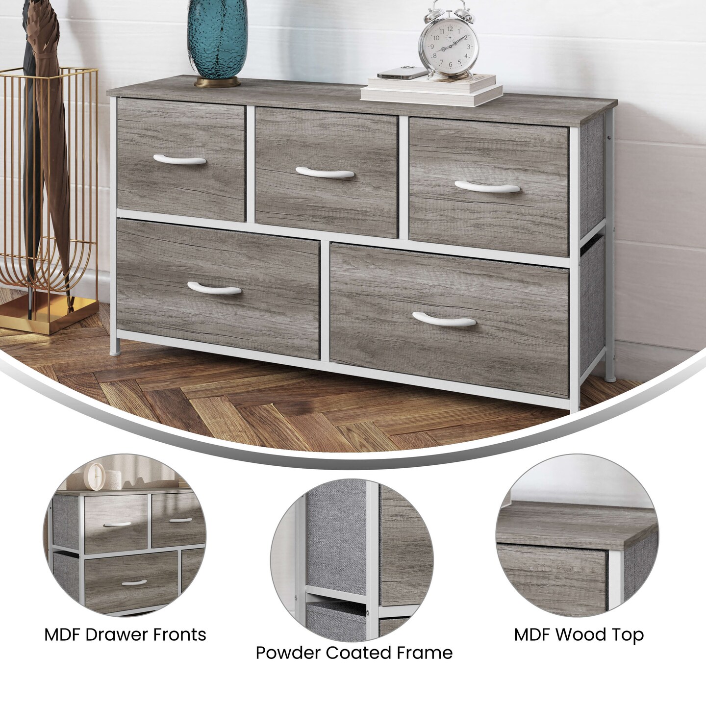Emma and Oliver Marley 5 Drawer Storage Dresser with Cast Iron Frame, Wood Top, and Easy Pull Fabric Drawers with Wooden Handles