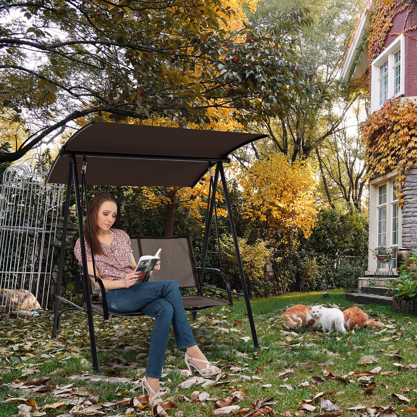 Costway 2-Seat Patio Swing Porch Swing with Adjustable Canopy for Garden Black/Dark Brown