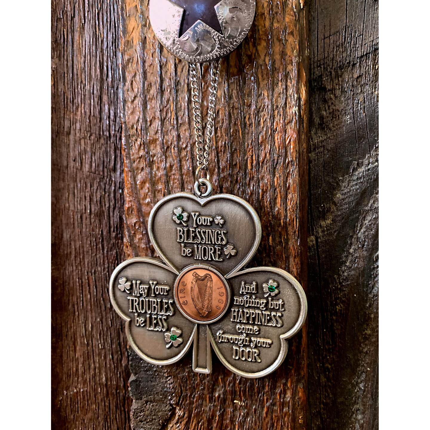 Shamrock Irish Penny House Blessing With Emerald Green Glass Stones